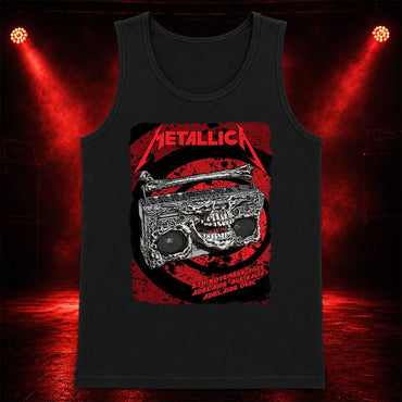 Metallica M72 World Tour November 5 2025 Adelaide Oval Adelaide Australia T-shirt by Glenn Smith featuring a skeletal boombox with skull details, bone handle, red black splatter background and Adelaide event text.