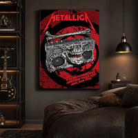 Metallica M72 World Tour November 5 2025 Adelaide Oval Adelaide Australia poster canvas featuring a skeletal boombox with skull details, bone handle, red black splatter background and Adelaide event text.