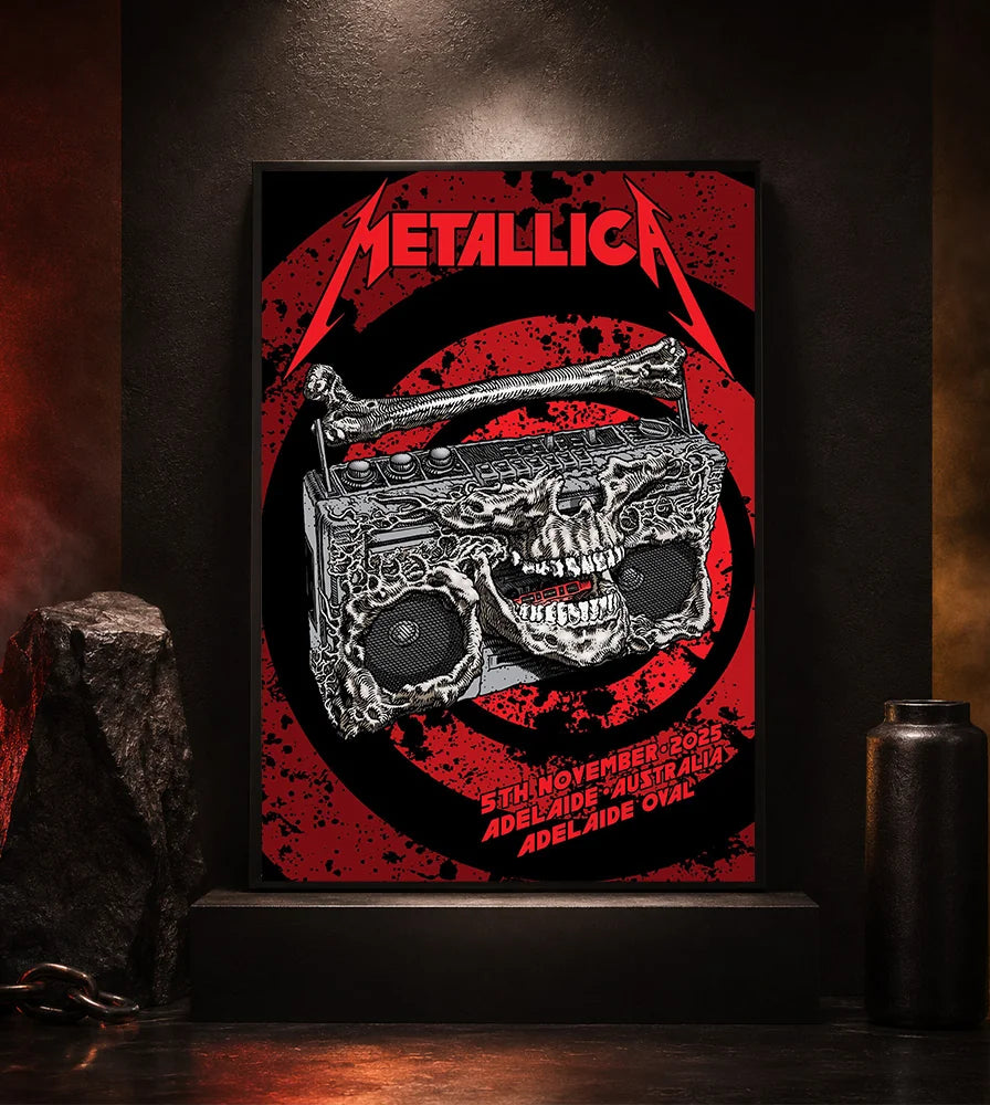 Metallica M72 World Tour November 5 2025 Adelaide Oval Adelaide Australia poster canvas featuring a skeletal boombox with skull details, bone handle, red black splatter background and Adelaide event text.