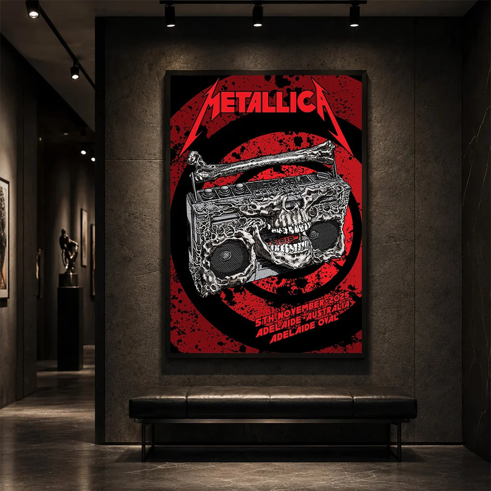 Metallica M72 World Tour November 5 2025 Adelaide Oval Adelaide Australia poster canvas featuring a skeletal boombox with skull details, bone handle, red black splatter background and Adelaide event text.