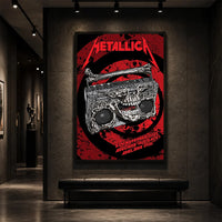 Metallica M72 World Tour November 5 2025 Adelaide Oval Adelaide Australia poster canvas featuring a skeletal boombox with skull details, bone handle, red black splatter background and Adelaide event text.