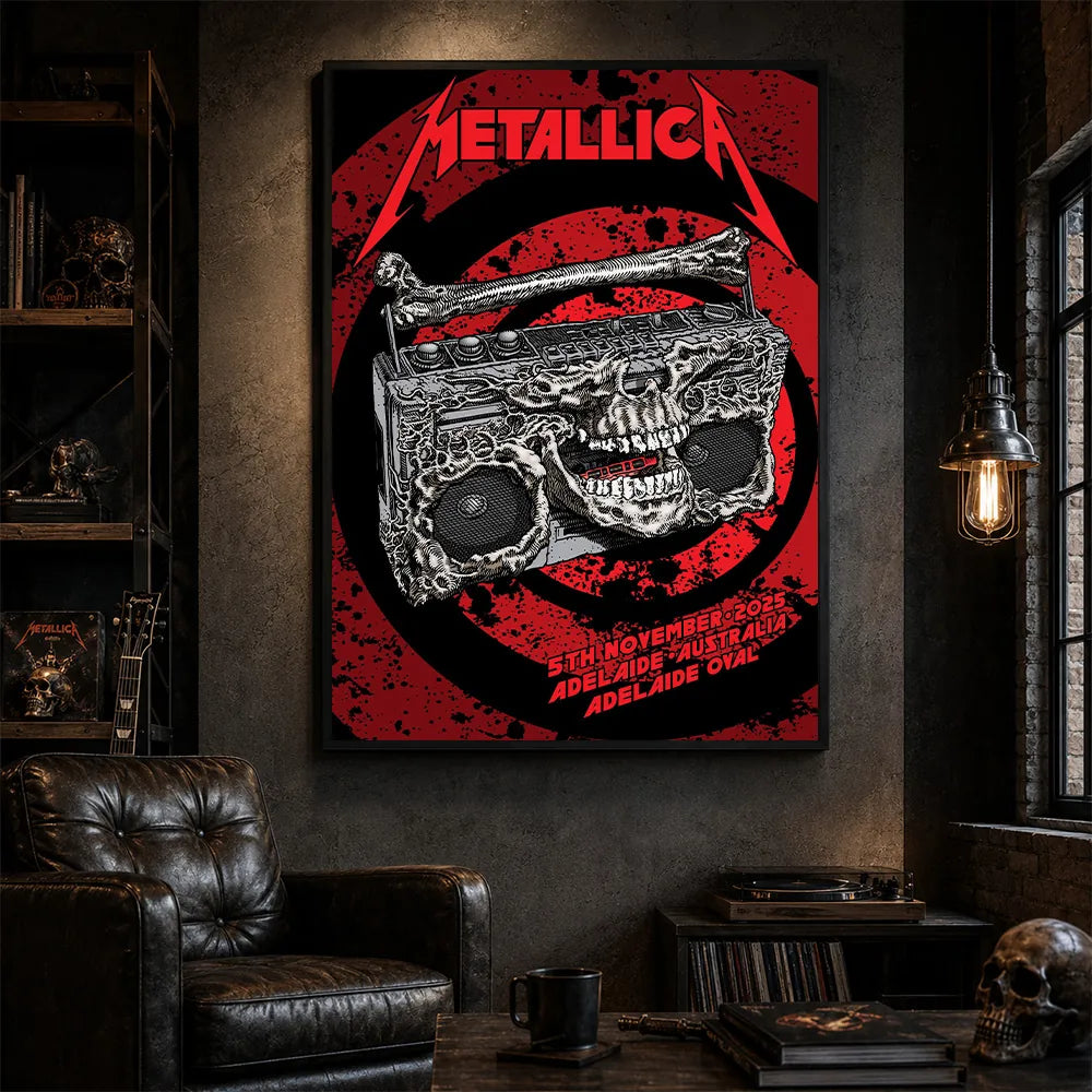 Metallica M72 World Tour November 5 2025 Adelaide Oval Adelaide Australia poster canvas featuring a skeletal boombox with skull details, bone handle, red black splatter background and Adelaide event text.