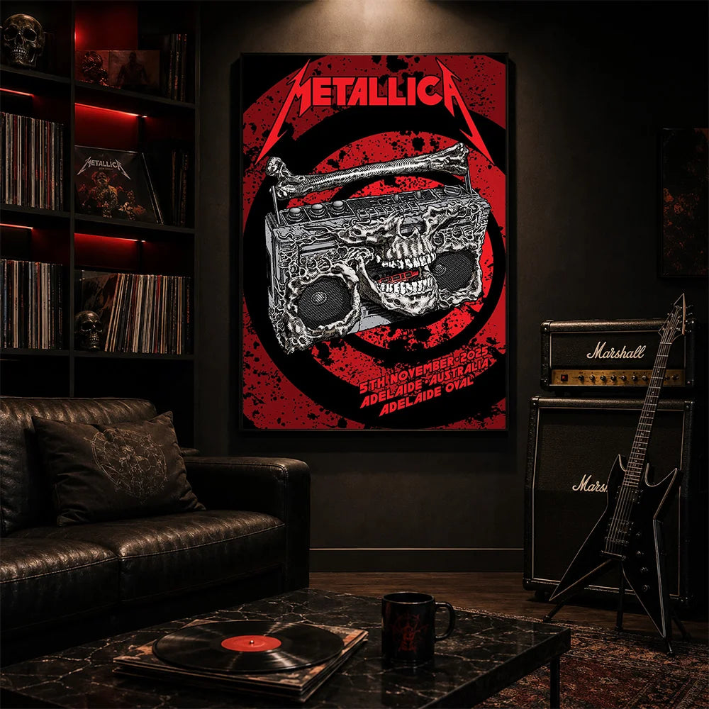 Metallica M72 World Tour November 5 2025 Adelaide Oval Adelaide Australia poster canvas featuring a skeletal boombox with skull details, bone handle, red black splatter background and Adelaide event text.