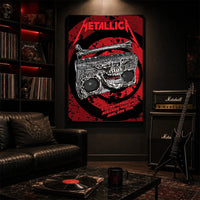 Metallica M72 World Tour November 5 2025 Adelaide Oval Adelaide Australia poster canvas featuring a skeletal boombox with skull details, bone handle, red black splatter background and Adelaide event text.