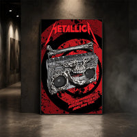 Metallica M72 World Tour November 5 2025 Adelaide Oval Adelaide Australia poster canvas featuring a skeletal boombox with skull details, bone handle, red black splatter background and Adelaide event text.