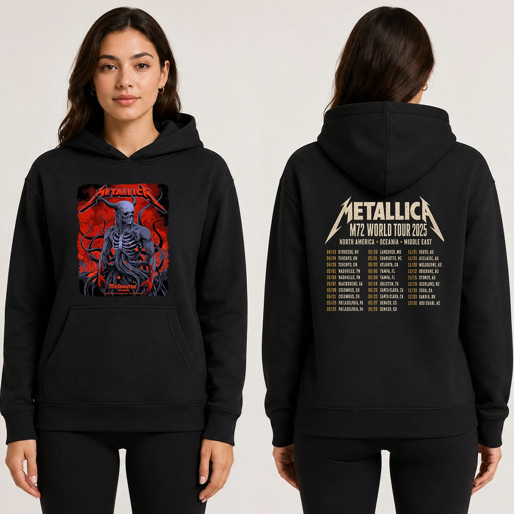 Metallica M72 World Tour November 8 2025 Marvel Stadium Melbourne Australia 2 side T-shirt by Ken Taylor featuring a horned skeletal figure, exposed ribcage, twisting tendrils, red smoke, infernal landscape and M72 tour back print.