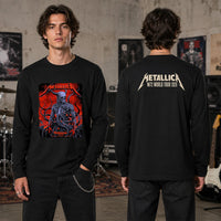 Metallica M72 World Tour November 8 2025 Marvel Stadium Melbourne Australia 2 side T-shirt by Ken Taylor featuring a horned skeletal figure, exposed ribcage, twisting tendrils, red smoke, infernal landscape and M72 tour back print.