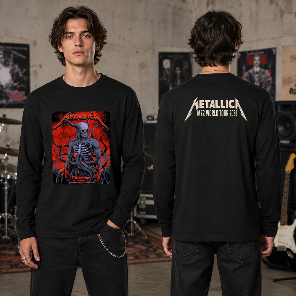 Metallica M72 World Tour November 8 2025 Marvel Stadium Melbourne Australia 2 side T-shirt by Ken Taylor featuring a horned skeletal figure, exposed ribcage, twisting tendrils, red smoke, infernal landscape and M72 tour back print.
