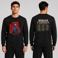 Metallica M72 World Tour November 8 2025 Marvel Stadium Melbourne Australia 2 side T-shirt by Ken Taylor featuring a horned skeletal figure, exposed ribcage, twisting tendrils, red smoke, infernal landscape and M72 tour back print.