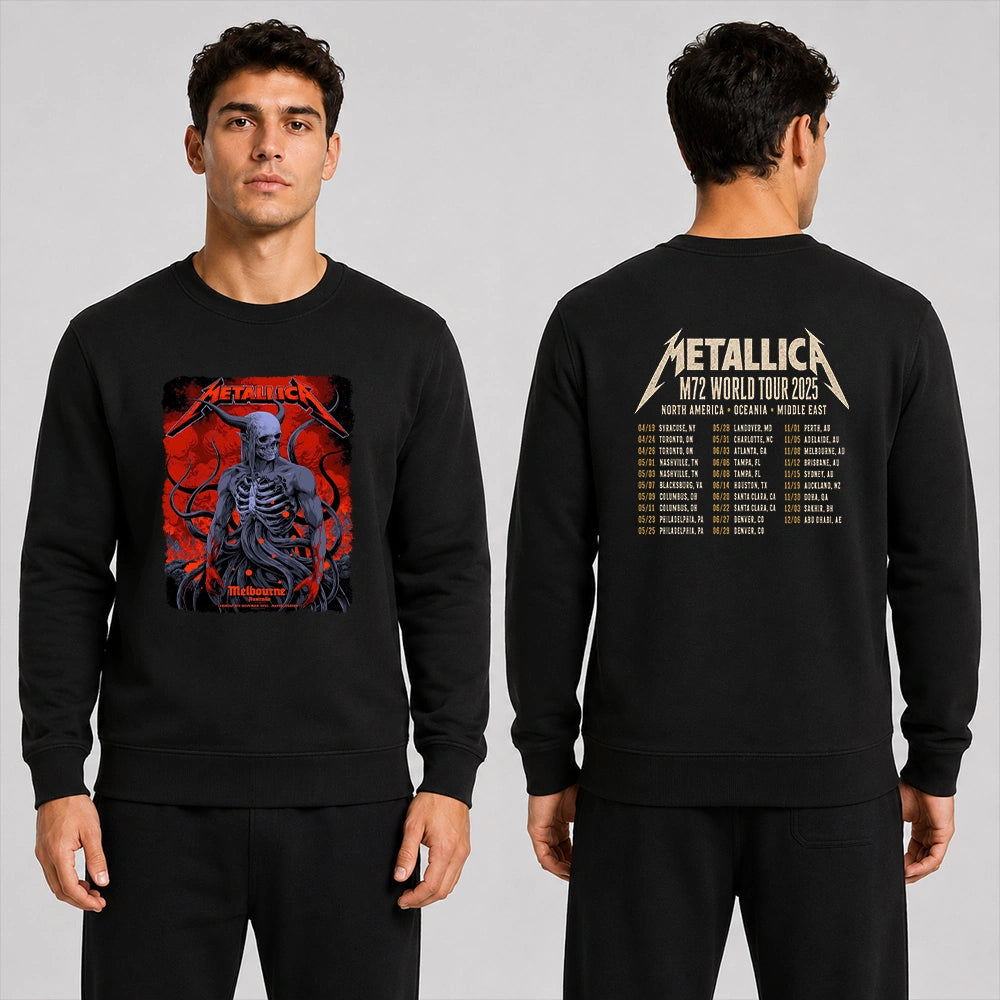 Metallica M72 World Tour November 8 2025 Marvel Stadium Melbourne Australia 2 side T-shirt by Ken Taylor featuring a horned skeletal figure, exposed ribcage, twisting tendrils, red smoke, infernal landscape and M72 tour back print.