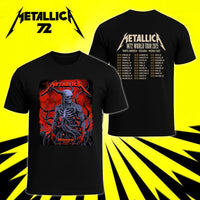 Metallica M72 World Tour November 8 2025 Marvel Stadium Melbourne Australia 2 side T-shirt by Ken Taylor featuring a horned skeletal figure, exposed ribcage, twisting tendrils, red smoke, infernal landscape and M72 tour back print.
