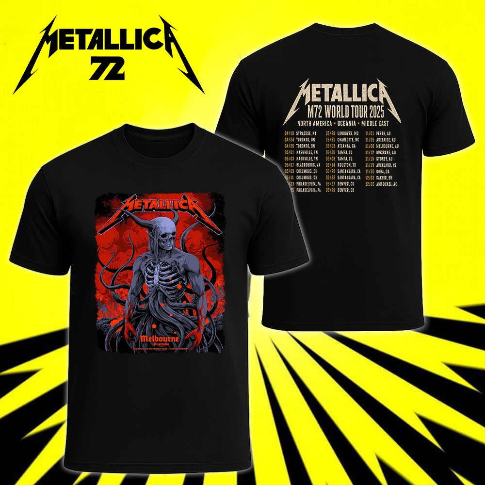 Metallica M72 World Tour November 8 2025 Marvel Stadium Melbourne Australia 2 side T-shirt by Ken Taylor featuring a horned skeletal figure, exposed ribcage, twisting tendrils, red smoke, infernal landscape and M72 tour back print.