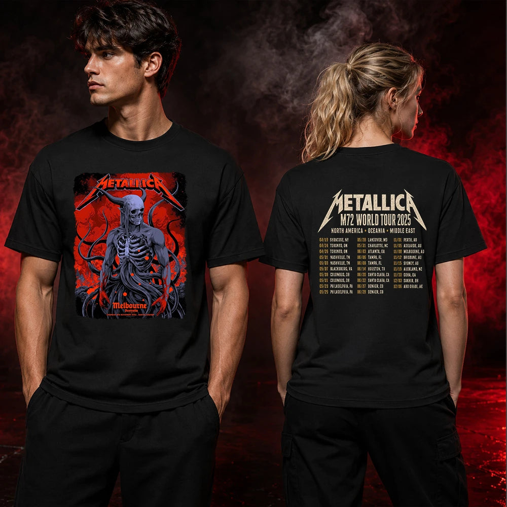 Metallica M72 World Tour November 8 2025 Marvel Stadium Melbourne Australia 2 side T-shirt by Ken Taylor featuring a horned skeletal figure, exposed ribcage, twisting tendrils, red smoke, infernal landscape and M72 tour back print.