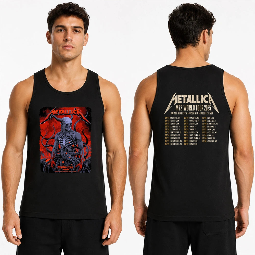 Metallica M72 World Tour November 8 2025 Marvel Stadium Melbourne Australia 2 side T-shirt by Ken Taylor featuring a horned skeletal figure, exposed ribcage, twisting tendrils, red smoke, infernal landscape and M72 tour back print.