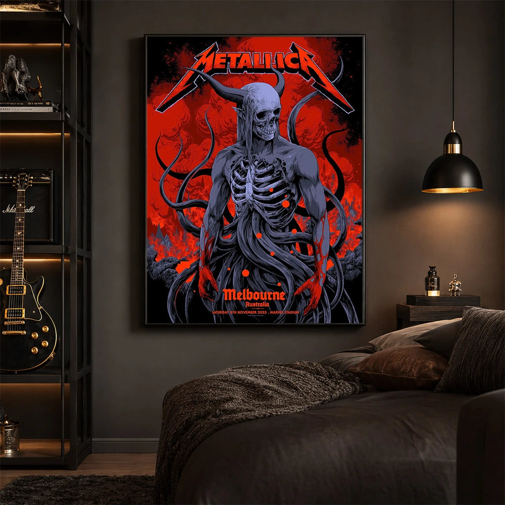 Metallica M72 World Tour November 8 2025 Marvel Stadium Melbourne Australia poster canvas by Ken Taylor featuring a horned skeletal figure, exposed ribcage, twisting tendrils, red smoke, infernal landscape and Melbourne event text.