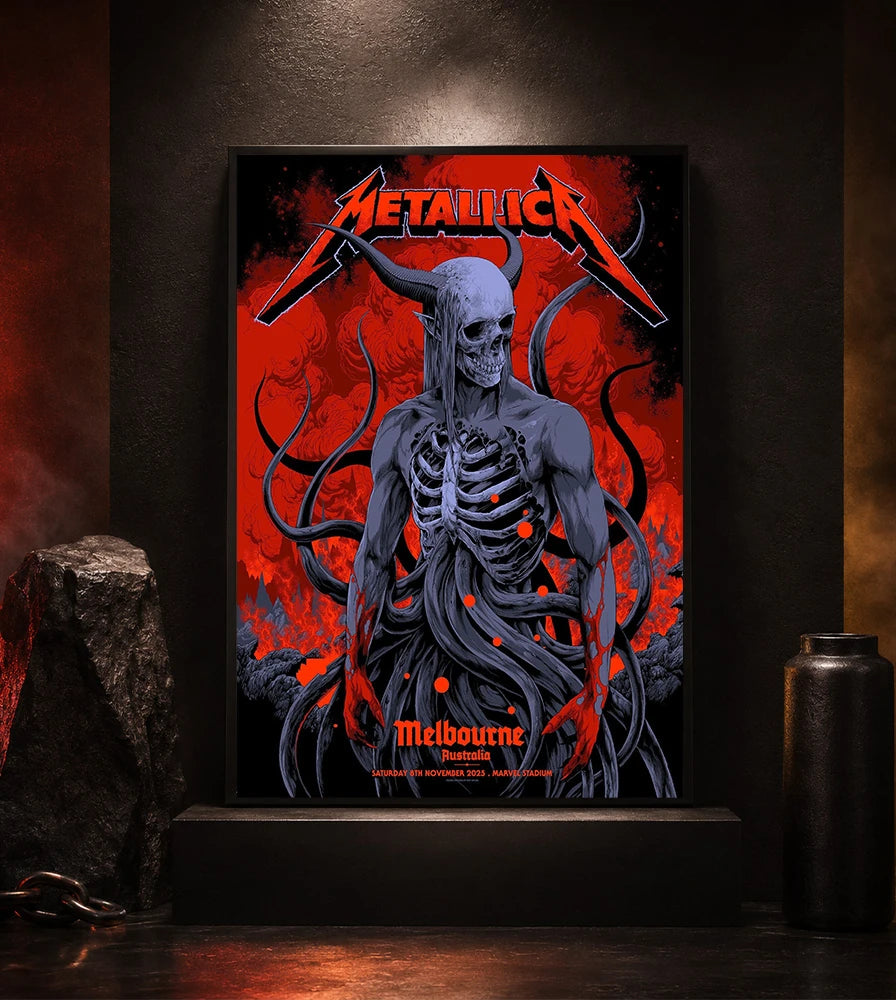 Metallica M72 World Tour November 8 2025 Marvel Stadium Melbourne Australia poster canvas by Ken Taylor featuring a horned skeletal figure, exposed ribcage, twisting tendrils, red smoke, infernal landscape and Melbourne event text.