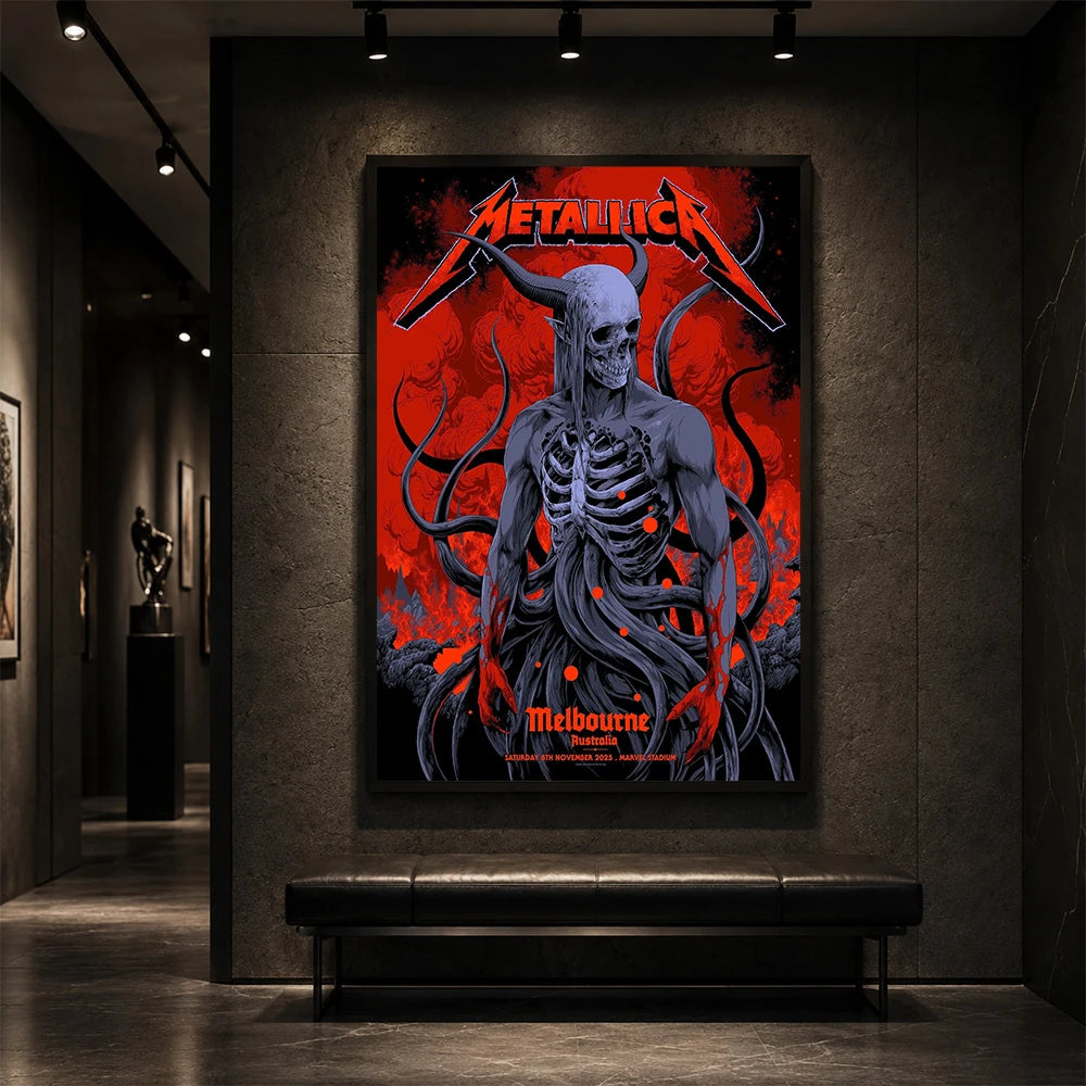 Metallica M72 World Tour November 8 2025 Marvel Stadium Melbourne Australia poster canvas by Ken Taylor featuring a horned skeletal figure, exposed ribcage, twisting tendrils, red smoke, infernal landscape and Melbourne event text.