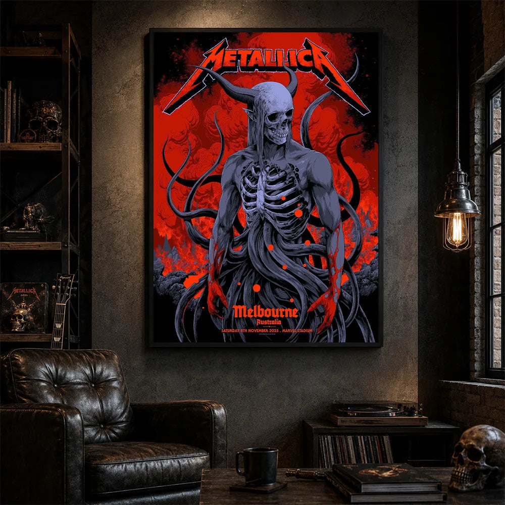 Metallica M72 World Tour November 8 2025 Marvel Stadium Melbourne Australia poster canvas by Ken Taylor featuring a horned skeletal figure, exposed ribcage, twisting tendrils, red smoke, infernal landscape and Melbourne event text.