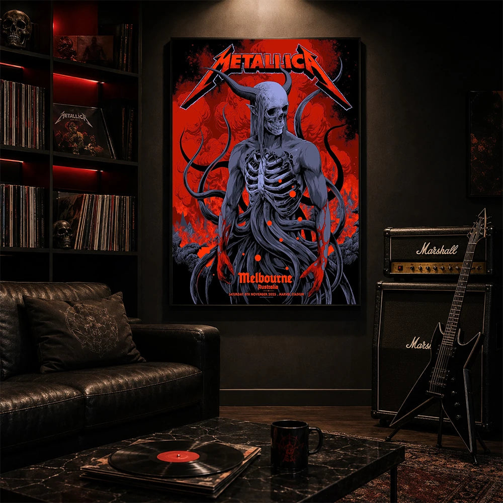 Metallica M72 World Tour November 8 2025 Marvel Stadium Melbourne Australia poster canvas by Ken Taylor featuring a horned skeletal figure, exposed ribcage, twisting tendrils, red smoke, infernal landscape and Melbourne event text.