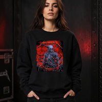 Metallica M72 World Tour November 8 2025 Marvel Stadium Melbourne Australia T-shirt by Ken Taylor featuring a horned skeletal figure, exposed ribcage, twisting tendrils, red smoke, infernal landscape and Melbourne event text.