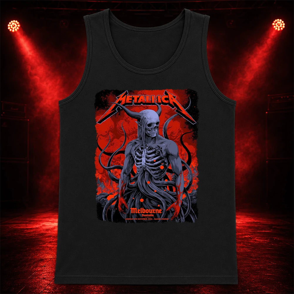 Metallica M72 World Tour November 8 2025 Marvel Stadium Melbourne Australia T-shirt by Ken Taylor featuring a horned skeletal figure, exposed ribcage, twisting tendrils, red smoke, infernal landscape and Melbourne event text.