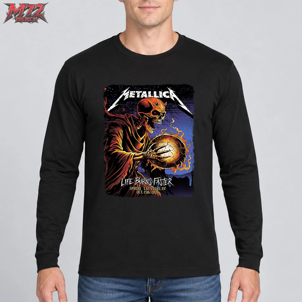 Metallica M72 World Tour October 15 2026 Sphere Las Vegas United States Long Sleeve featuring a skeletal reaper holding a flaming crystal orb for Life Burns Faster Day 1 Week 3.