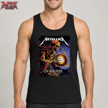 Metallica M72 World Tour October 15 2026 Sphere Las Vegas United States Tank top featuring a skeletal reaper holding a flaming crystal orb for Life Burns Faster Day 1 Week 3.