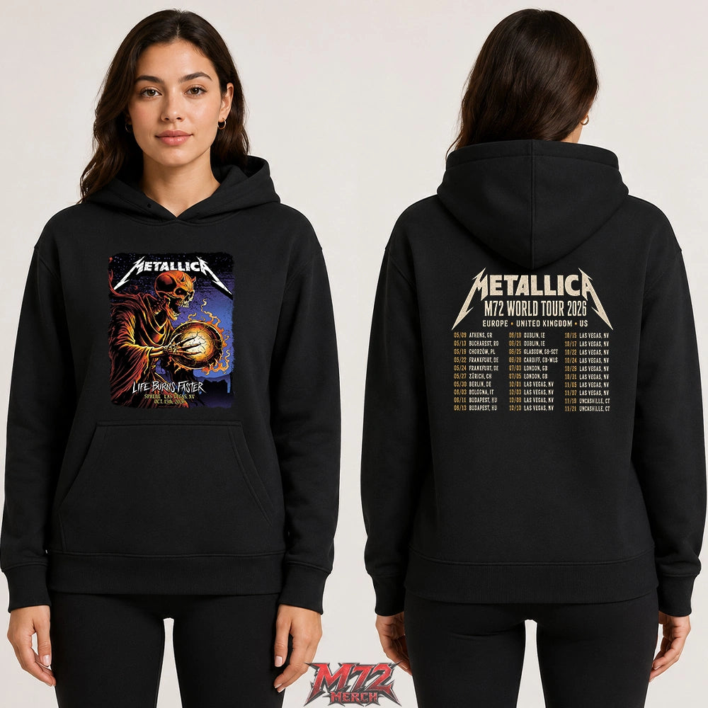 Metallica M72 World Tour October 15 2026 Sphere Las Vegas United States 2-side T-shirt with Life Burns Faster artwork on the front and 2026 tour dates on the back.