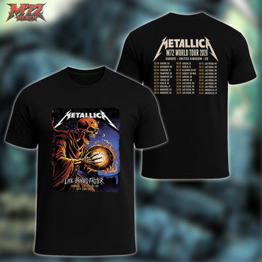 Metallica M72 World Tour October 15 2026 Sphere Las Vegas United States 2-side T-shirt with Life Burns Faster artwork on the front and 2026 tour dates on the back.