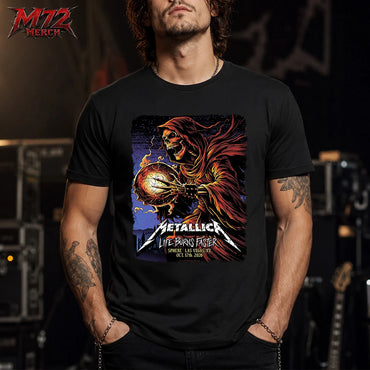 Metallica Life Burns Faster October 17 2026 Sphere Las Vegas United States T-shirt by Brandon Heart featuring a hooded skeletal reaper holding a flaming cracked orb.