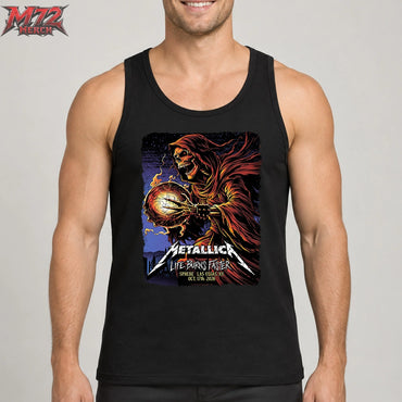 Metallica Life Burns Faster October 17 2026 Sphere Las Vegas United States T-shirt by Brandon Heart featuring a hooded skeletal reaper holding a flaming cracked orb.