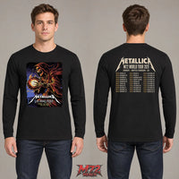 Metallica Life Burns Faster October 17 2026 Sphere Las Vegas United States 2 Side T-Shirt by Brandon Heart featuring Flaming Orb Reaper artwork on the front and M72 World Tour 2026 tour dates on the back.