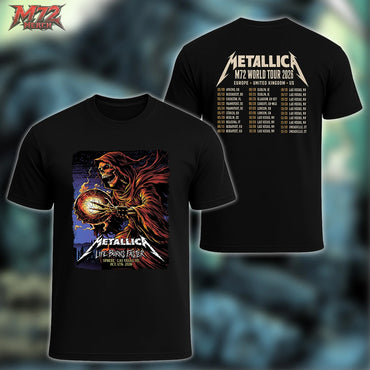 Metallica Life Burns Faster October 17 2026 Sphere Las Vegas United States 2 Side T-Shirt by Brandon Heart featuring Flaming Orb Reaper artwork on the front and M72 World Tour 2026 tour dates on the back.