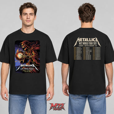 Metallica Life Burns Faster October 17 2026 Sphere Las Vegas United States 2 Side T-Shirt by Brandon Heart featuring Flaming Orb Reaper artwork on the front and M72 World Tour 2026 tour dates on the back.