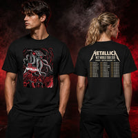 Metallica M72 World Tour October 1 2026 Sphere Las Vegas United States 2 side T-shirt featuring a giant horned tentacle skull with glowing red eyes above a fan crowd and Welcome Metallica sign with Las Vegas inspired back print.