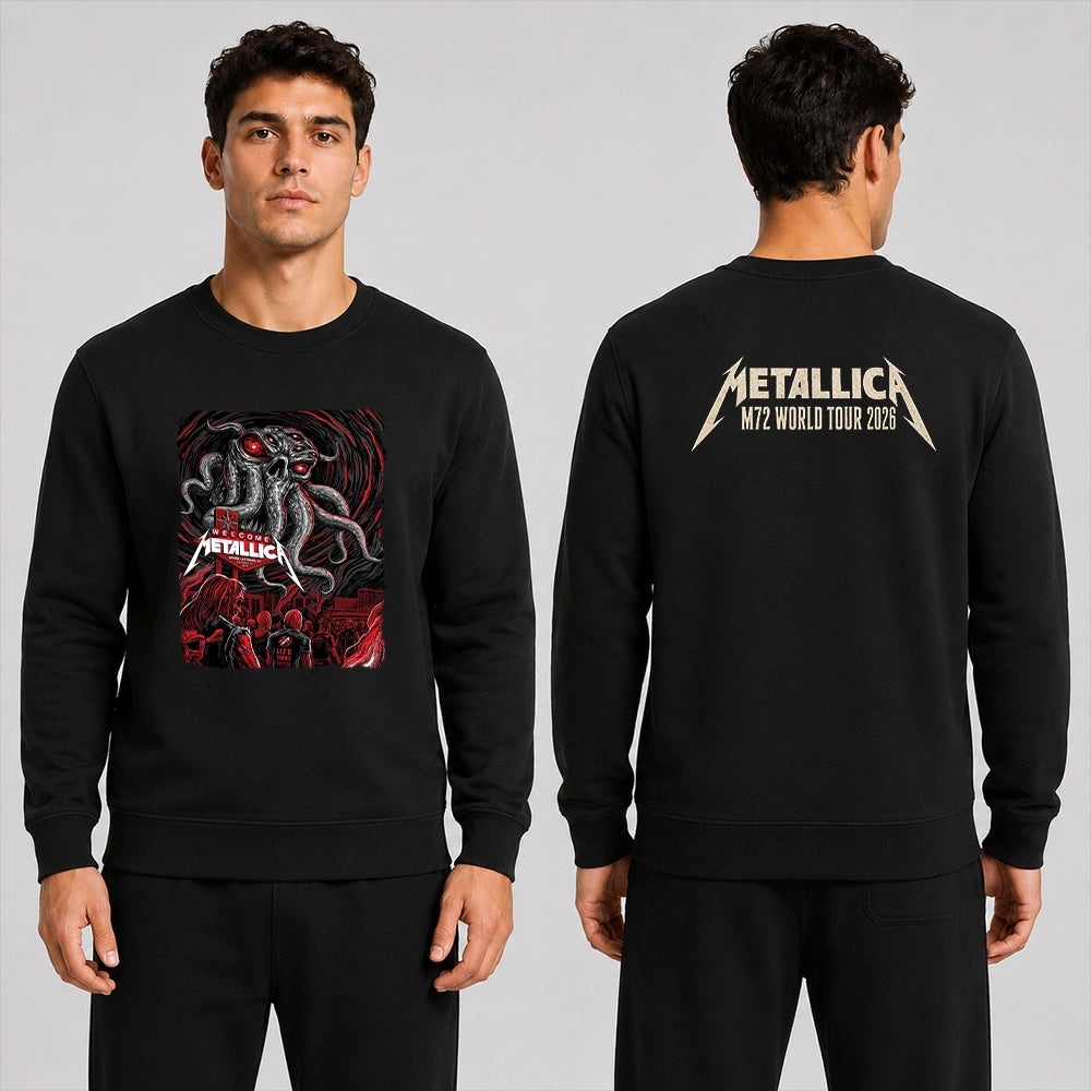 Metallica M72 World Tour October 1 2026 Sphere Las Vegas United States 2 side T-shirt featuring Welcome Tentacle Skull artwork with glowing red eyes on the front and Metallica M72 World Tour 2026 logo on the back.
