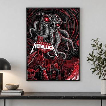 Metallica M72 World Tour October 1 2026 Sphere Las Vegas United States poster canvas featuring a giant horned tentacle skull with glowing red eyes above a crowd and a Welcome Metallica sign.