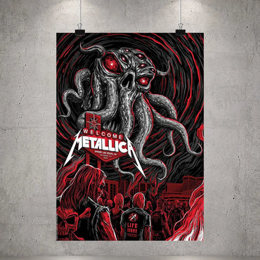 Metallica M72 World Tour October 1 2026 Sphere Las Vegas United States poster canvas featuring a giant horned tentacle skull with glowing red eyes above a crowd and a Welcome Metallica sign.