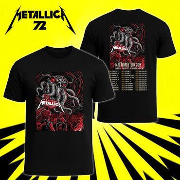 Metallica M72 World Tour 2026 Las Vegas 2 side T-shirt featuring Welcome Tentacle Skull artwork with glowing red eyes on the front and Tentacle Skull M72 tour dates graphic on the back.