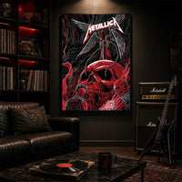 Metallica M72 World Tour October 3 2026 Sphere Las Vegas United States poster canvas featuring a giant crimson skull, skeletal winged reaper with sword and chains, concert crowd and Life Burns Faster imagery.