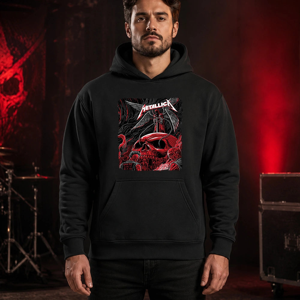 Metallica M72 World Tour October 3 2026 Sphere Las Vegas United States T-shirt featuring a giant crimson skull, skeletal winged reaper with sword and chains, concert crowd and Life Burns Faster artwork.