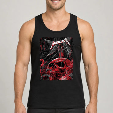 Metallica M72 World Tour October 3 2026 Sphere Las Vegas United States T-shirt featuring a giant crimson skull, skeletal winged reaper with sword and chains, concert crowd and Life Burns Faster artwork.