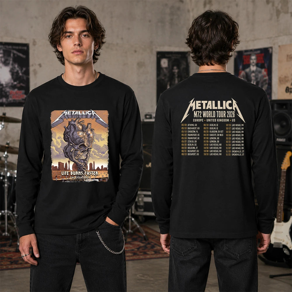Metallica M72 World Tour Life Burns Faster October 8 and 10 2026 Sphere Las Vegas United States 2 Side T-Shirt featuring Skull Tornado artwork above a desert graveyard with Las Vegas skyline and M72 World Tour back graphic.