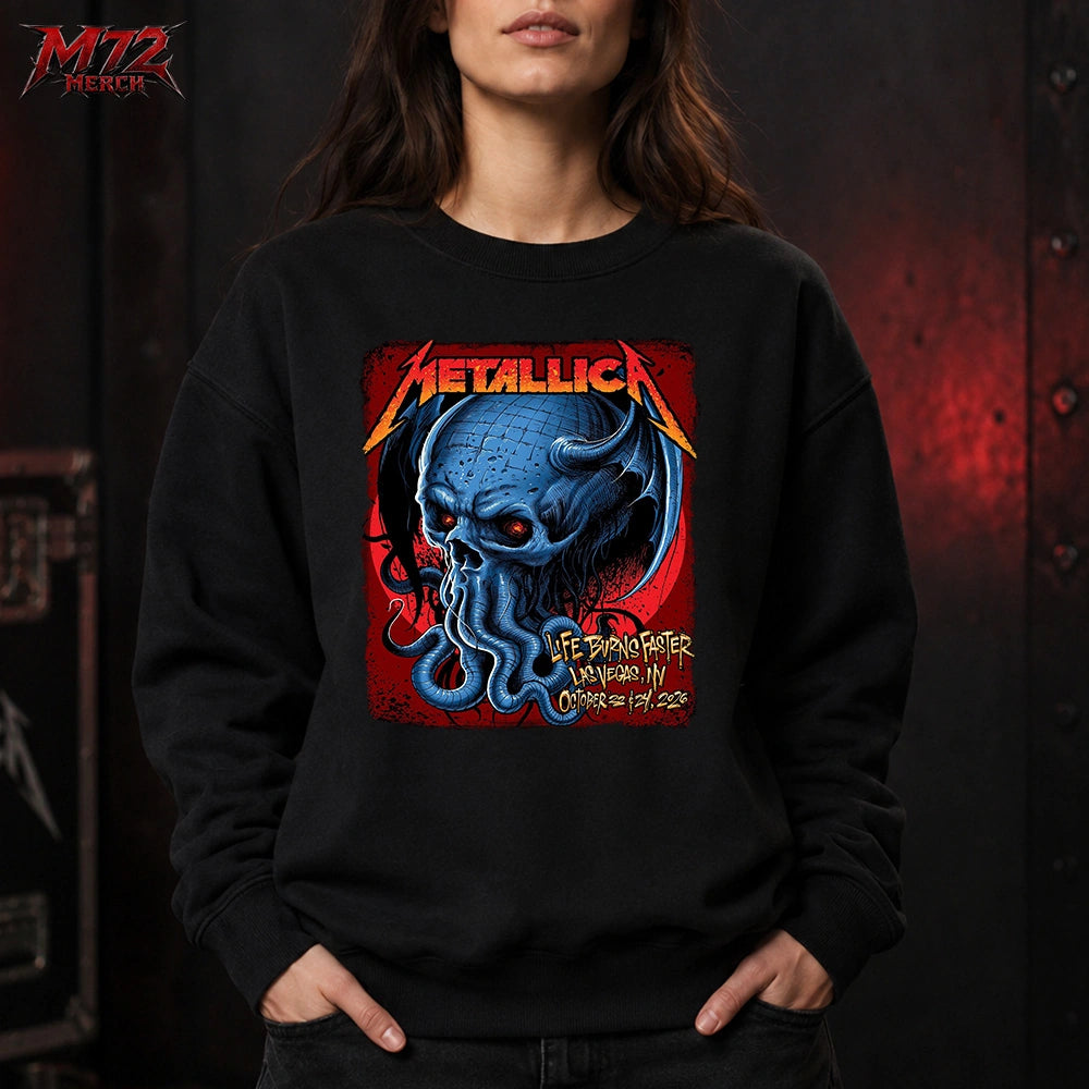 Metallica M72 World Tour Week 4 October 22 and 24 2026 Sphere Las Vegas United States T-shirt by MAXX242 featuring a blue devil squid skull with horns, tentacles and glowing red eyes.