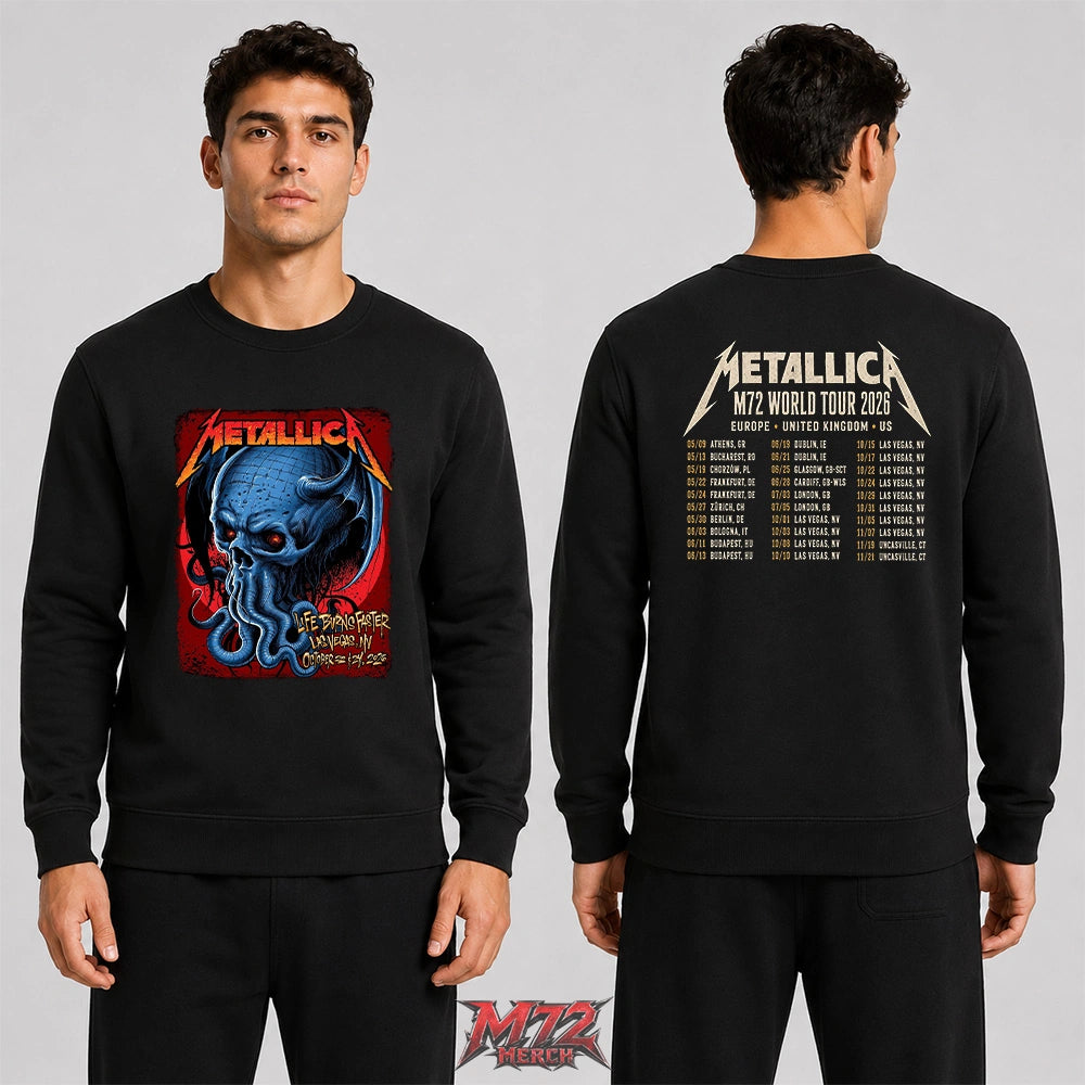 Metallica M72 World Tour Week 4 October 22 and 24 2026 Sphere Las Vegas United States 2 Side T-Shirt by MAXX242 featuring Blue Devil Squid Skull artwork on the front and 2026 tour dates on the back.