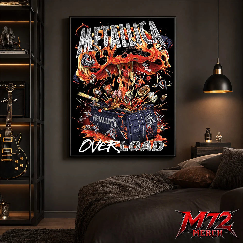 Metallica poster canvas featuring Overload Crate Explosion Artwork with a black crate bursting open, flames, skulls, relics, strange objects, molten energy, and chaotic heavy metal detail