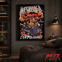 Metallica poster canvas featuring Overload Crate Explosion Artwork with a black crate bursting open, flames, skulls, relics, strange objects, molten energy, and chaotic heavy metal detail