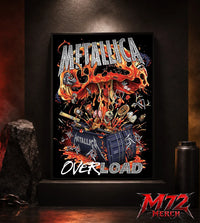 Metallica poster canvas featuring Overload Crate Explosion Artwork with a black crate bursting open, flames, skulls, relics, strange objects, molten energy, and chaotic heavy metal detail