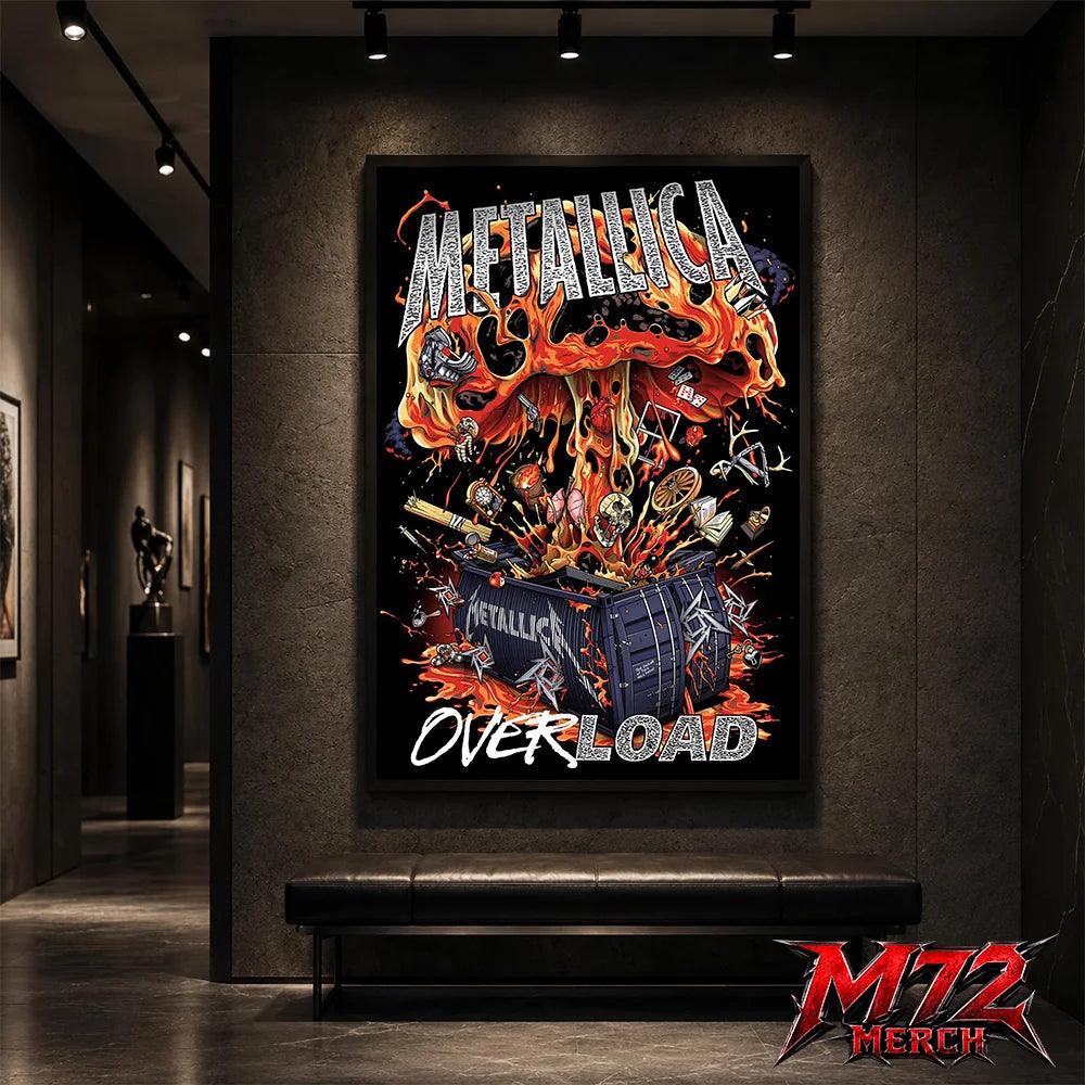 Metallica poster canvas featuring Overload Crate Explosion Artwork with a black crate bursting open, flames, skulls, relics, strange objects, molten energy, and chaotic heavy metal detail