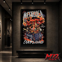 Metallica poster canvas featuring Overload Crate Explosion Artwork with a black crate bursting open, flames, skulls, relics, strange objects, molten energy, and chaotic heavy metal detail